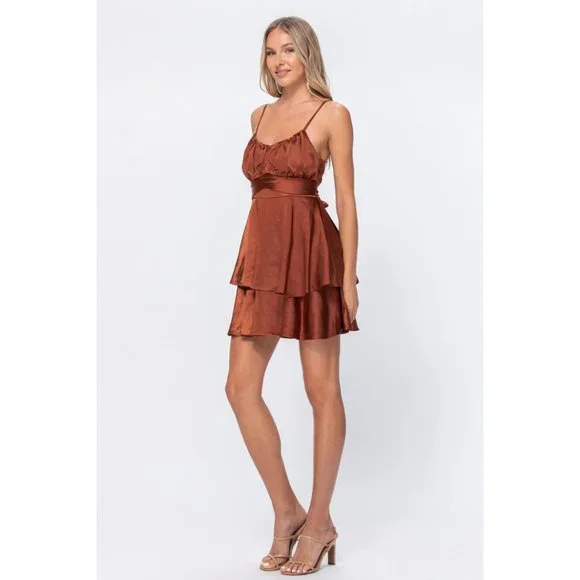 Brown Satin Ruffle Mini Dress - Picture 4 of 6